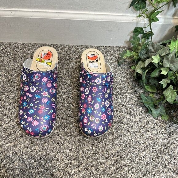 Bighorn Womens Wooden Clogs Purple Floral Leather size 36 US 6 Slip On Holland - Picture 2 of 8